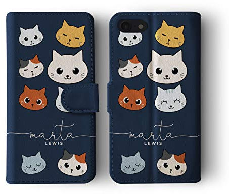 Tirita Personalised Leather Flip Wallet Phone Case with Card Holder Compatible with iPhone Xs Max - Drawing Cartoon Kitten [11 - Cat Faces Handwritten]