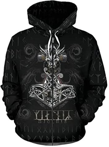 Viking Odin Thor's Hammer Mens Hoodie, 3D Print Mjolnir Rune Tattoo Couple Pullover Casual Loose Sweatshirt,Zip,L