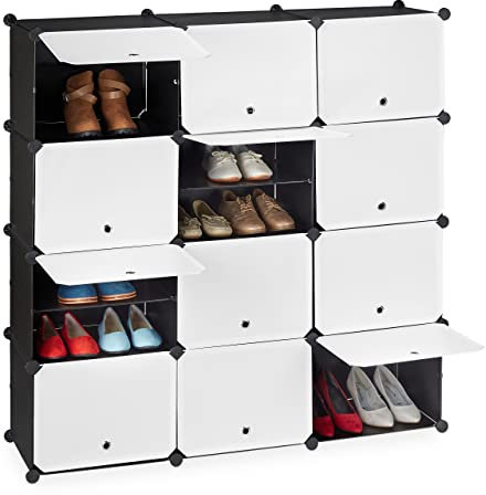 Relaxdays Schuhschrank, 24 Fächer mit Türen, Regalsystem modular, Kunststoff & Metall, HxBxT 125x125x32 cm, schwarz-weiß