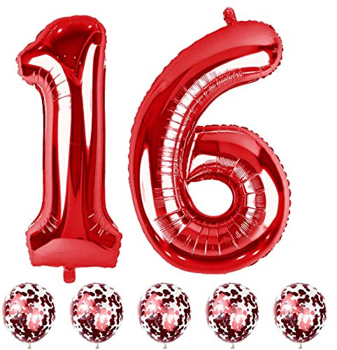 16th Birthday Balloons Red, 40 In Giant Digital Foil Number 1 and 6 Balloons with Confetti Balloons, Number 16 61 Balloons Self Inflating for Boys Girls Women Anniversary Party Decorations Supplies