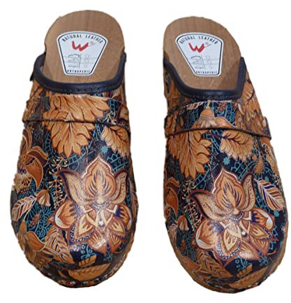 MEIWITT Naturfellshop Holzschuhe Schweden Clogs Echt Leder/Holz Sohle/Holzclogs Pantoletten, beige geblümt, EU 41