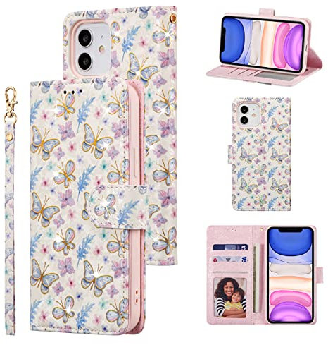 UEEBAI Wallet Case for iPhone 11, PU Leather Phone Case Kickstand RFID Blocking Flip Case with Card Slots Wrist Strap Relief Engraved Pattern Magnetic Closure Folio Case - Butterfly