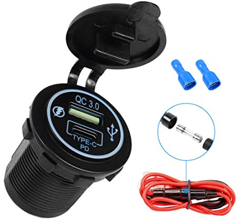 Zócalo USB RIIEYOCA PD & QC 3.0, zócalo de automóvil Impermeable 12V/24V36W, camión, Motocicleta, Golf y Otra Interfaz USB de Coche de Bricolaje