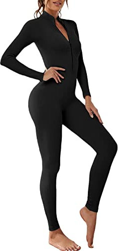 OEAK Damen Sport Jumpsuit Lang Eng Yoga Overall Langarm V-Ausschnitt Playsuits mit Reißverschluss Jogging Strampler Hosenanzug Trainingsanzug (Schwarz, M)