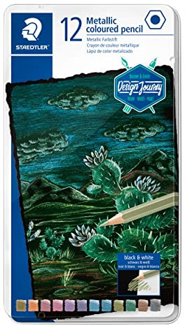 STAEDTLER metallic Buntstifte Design Journey, für metallisch schimmernde Effekte, Glitzer und Highlights auf dunklem Papier, weiche Mine mit hoher Deckkraft, 12 Farbstifte im Metalletui, 146M M12