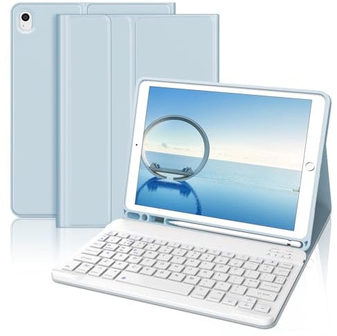 JADEMALL Keyboard Case for iPad 10.2 9th/8th/7th Generation, Wireless Bluetooth Detachable Keyboard, Slim Cover with Pencil holder for iPad 10.2 Inch/iPad Air 3/iPad Pro 10.5 Inch 2017, Sky Blue
