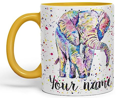 Vixar Personalised with Your Text Elephant Forward Facing Wild Animals Watercolour Art Coloured Ceramic Mug Cup Gift 330ml 11oz Custom Work Office Tea Coffee (G Yellow)