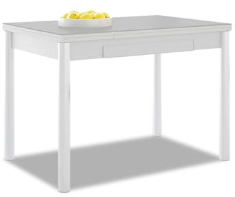 ASTIMESA Ausziehbarer Küchentisch, weißes Gestell mit Glasplatte, Grau, ideal für kleine Räume, 90 x 50 cm, ausziehbar 140 x 50 cm