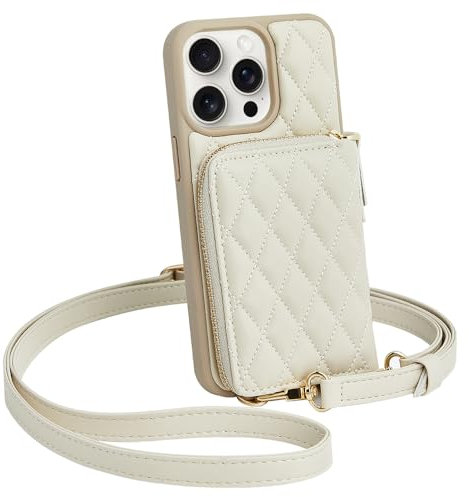 CUSTYPE iPhone 15 Pro Max Hülle Mit Band, Kartenfach Und Geldbörse - Mikrofaserleder Handykette Für Apple 6,7 Beige