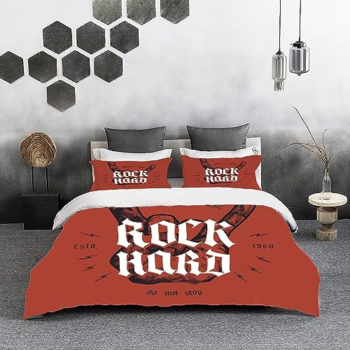 Bettwäsche 3 Teilig Bettgarnitur,Musik Rock Hard Hand Mittelalter Schriftzug Roll Metal Old Tattoo Brand,Gemütlich Mikrofaser Bettbezug Set 1 Bettbezug Set 220 x 240 cm