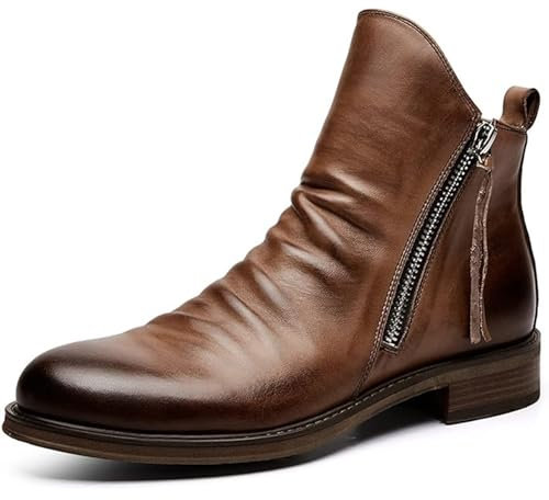 Stivali Medi da Uomo Stivaletti con Cerniera Laterale Scarpe Eleganti Formali con Tacco in Pelle Scarpe Classiche,Marrone,48 EU