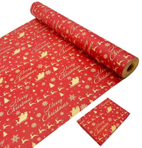 Rouleau de papier d'emballage cadeau de Noël, 43 cm × 20 m, papier d'emballage kraft recyclable imprimé avec le père Noël et l'élan, rouleau de papier kraft pour emballage cadeau de Noël
