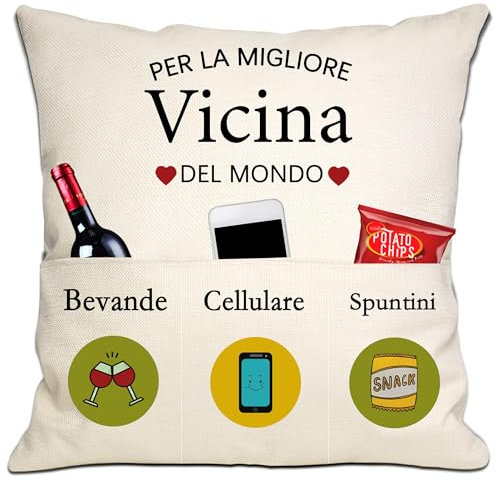 Bommex Donna vicina di casa Regalo di ringraziamento Regalo di addio Migliore vicina di casa al mondo Copricuscino 18x18 pollici con 3 tasche Regalo di compleanno Regalo di Natale (vicina donna)