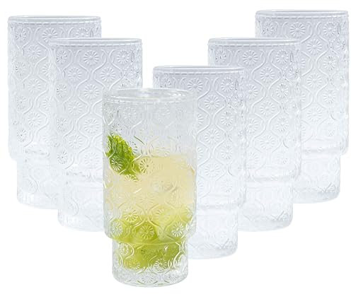 Eden & Willow Floral Highball Drinking Glasses Set - Elegant Cocktail and Tumbler Drinking Glasses (325ML, Set of 6)