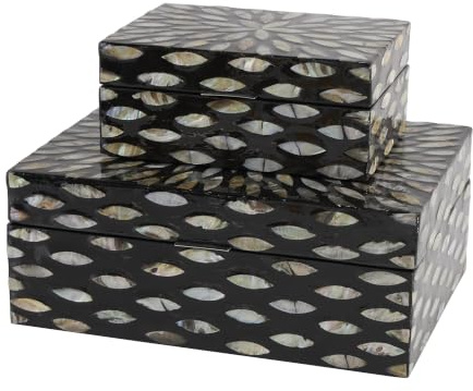 Deco 79 Dekorative Aufbewahrungsboxen mit Perlmutt-Muscheln, geometrisches Blumenmuster, mit beigefarbenen Akzenten, 2 Aufbewahrungsboxen, 30,5 cm, 20,3 cm breit, Schwarz
