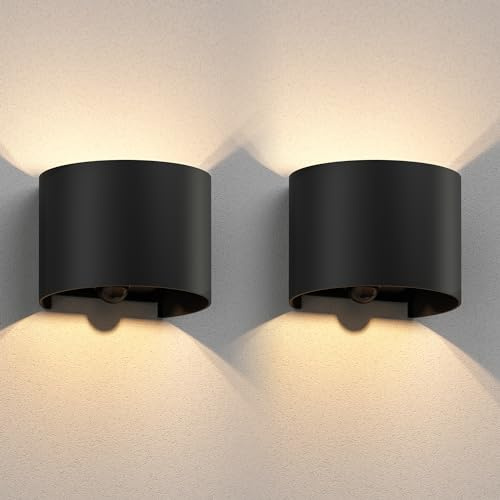 ledscom.de 2x Wandleuchte RUNEL, Bewegungsmelder, für außen, schwarz, IP65, Up & Downlight + LED Lampe 501lm, warmweiß