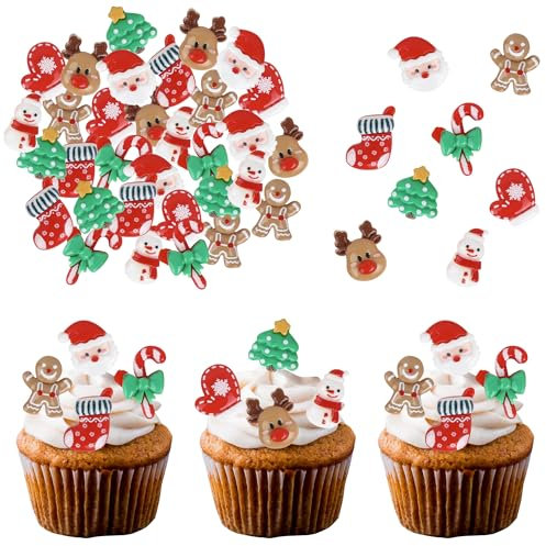 Xsstarmi 30 Stück Mini-Weihnachtsfiguren, Cupcake-Aufsätze, Miniatur-Weihnachtsbaum, Elch, Lebkuchenmann, Figuren, Cupcake-Picks, Dekoration für Frohe Weihnachten, Urlaub, Party, Kuchendekorationen