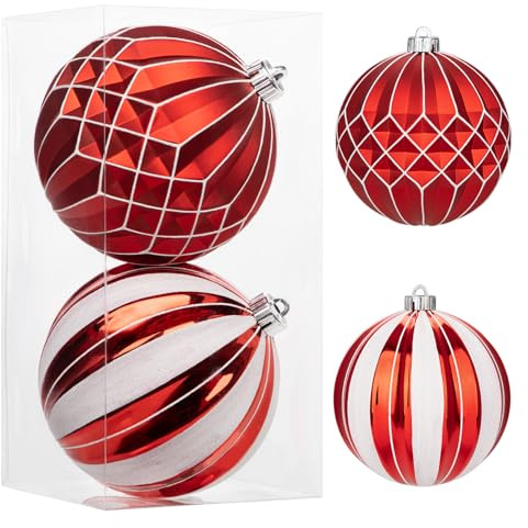 Ø 15 cm, set di 2 palline di Natale, grandi dimensioni per albero di Natale, decorazioni per albero di Natale, colore bianco e rosso