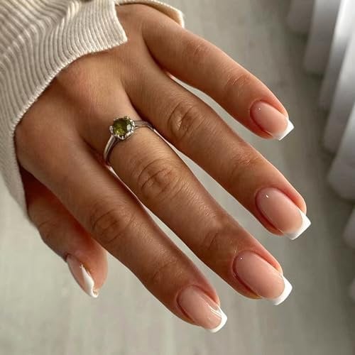 DMQ Square French False Nail with Glue, 24Pcs White Tip French Fake Nails, Nude Press on Nail Short, French Nail Tips Stick on Nail for Women Girls Nail Art Decoration