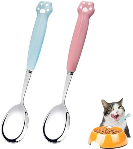 Roysmart 2 Pcs Katzen Löffel Lang, Edelstahl Haustier Futter Löffel, Nassfutter Katzen Löffel, Pet Can Löffel Langer Griff Futterlöffel für Haustiere (Rosa und Blau)