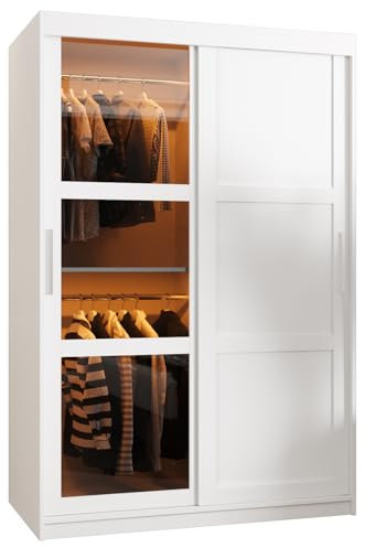 ABIKSMEBLE Dome 3 Armario con Dos Puertas Correderas, Barras y Estantes - Armario de Almacenamiento con Vidrio Ahumado para Dormitorio, Salón - 200x120x62 cm - Blanco, Blanco, Plata