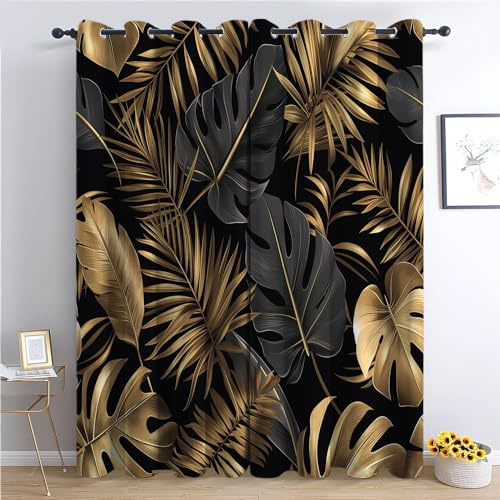 Vorhang Blickdicht Thermovorhang Tropische Monstera in Schwarzgold Muster Gardinen Wohnzimmer Vorhänge Geräuschreduzierung Dekoration für Schlafzimmer Wohnzimmer Fenster Nordischer Stil 215 x 110 cm