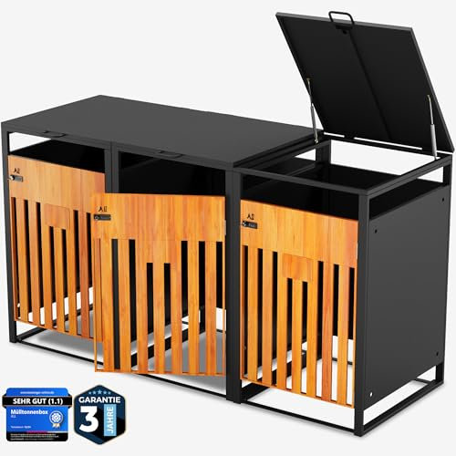 ALL Premium Mülltonnenbox 3er – Abschließbar, wetterfest & edle Holzoptik, für Garten, Hof & Straße, beliebig erweiterbar, legierter Stahl robust & langlebig