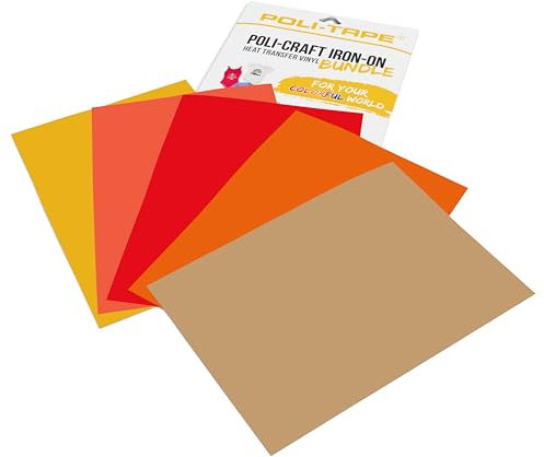 POLI-CRAFT IRON-ON BUNDLE SUMMER – 5 x POLI-FLEX® TURBO®, Turboschnelle Transferfolie für Textilien, Sommer (Gelb, Coral, Orange, Flammenrot, Sand Beige), 5 x A4 (21 cm x 29,7 cm)
