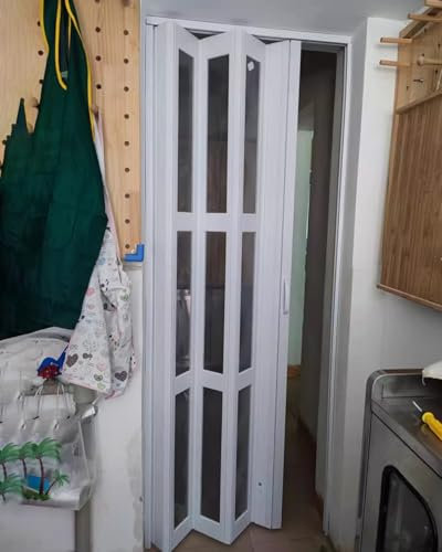 Puerta Plegable Puertas Interiores Plegables Blancas para Puerta de Armario, Lavadero, Panel Divisor de Ambientes de PVC de Estilo Granero, Ventana con Rejilla Acrílica, Herrajes Incluidos(80x80in (20