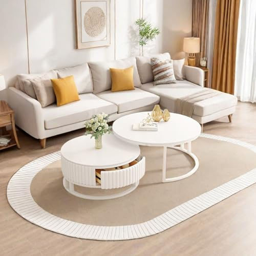 2er Set Couchtisch Rund Weiss Runder Couchtisch Mit Schublade Wohnzimmertisch Weiß Marmor Couchtisch Mit Metallrahmen Satztische Fürs Wohnzimmer Nesting Beistelltisch 50+70cm Einfacher Aufbau