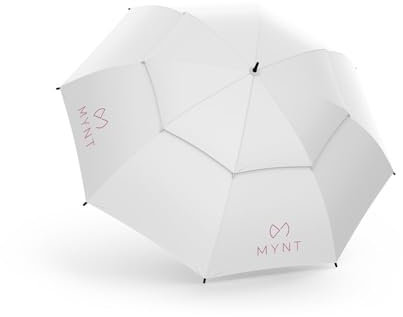 MYNT Pro Rain Automatik Golfschirm XXL mit UV-Schutz | Doppelbaldachin | Durchmesser 150cm 60 Inch | Damen & Herren | Fiberglas | sturmfest | Regenschirm | groß (Weissgrau/Pink inkl. UV-Schutz)