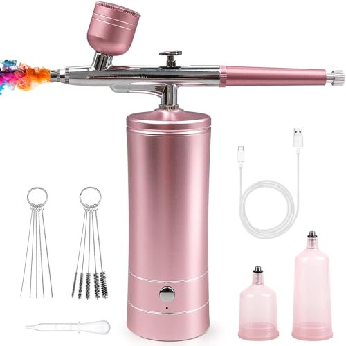 Airbrush Kit with Air Compressor, Airbrush Kit for Nails, Nail Airbrush Machine, Cordless Airbrush Gun for Nail Makeup Food Cake Decorating, Aerografo Pink