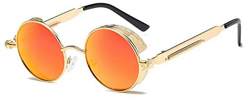 Asyduey Runde Metall Sonnenbrille Steam Punk Herren Und Damen Mode Brille Retro Vintage Sonnenbrille Uv400 (Golden + Orange)