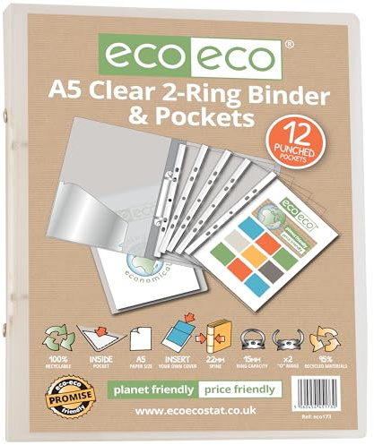 eco-eco eco173 Präsentationsringbuch, A5, 65% recycelt, transparent, mit 12 mehrfach gelochten Hüllen