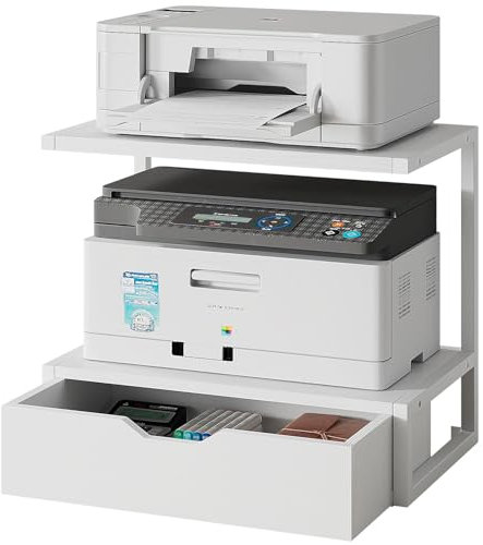 IBUYKE 2-Tier Desktop Drucker Stand, Drucker Tisch mit Speicher Regal, Multifunktions Schreibtisch Organizer für Ordner, Bücher, für Faxgerät, Scanner, Home Office,White TLJ015W