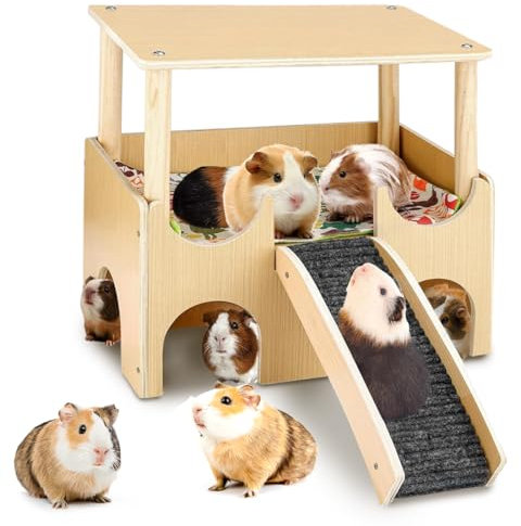 Yuragim Meerschweinchen Haus aus Holz mit Treppe Rampe und Matten, Groß Nagerhaus Meerschweinchen Schloss mit 3 Eingäng, Haustiere Spielzeug Zubehoer Versteck für Zwerg Hamster Stachelmäuse Kaninchen