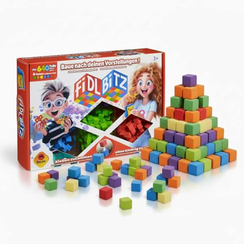 FIDL BITZ Deluxe Set - 640 Selbstklebende Würfel Schaumstoff - Kreatives Motorikspielzeug Konstruktionsspielzeug Klebende Bausteine ohne klebende Finger & Rückstände - für Kinder ab 3 (21102)