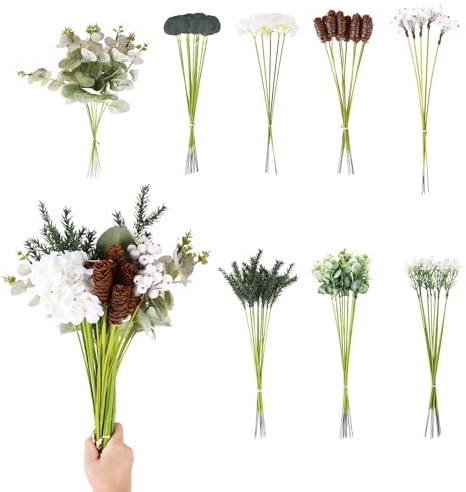 Lot de 70 branches et fleurs artificielles blanches vertes - Branches décoratives artificielles - Feuilles vertes - Faux hortensias pour bricolage, décoration de table de mariage, bouquet de mariée