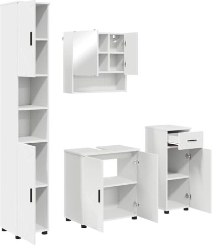 vidaXL Bathroom Furniture Set 4 pcs White Engineered wood & Metal, Stylish Bathroom Furniture, Modern Vanity Set with Wall-Mounted Storage, Elegant Cabinets for Contemporary Bath Organization