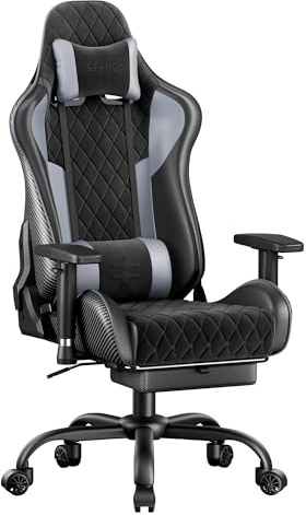 seenda GCPro-10 Gaming-Stuhl Bürostuhl | 145° Stufenlos Verstellbar mit Fußstütze | Full-Metal Rahmen 150 kg | 2D Armlehnen | Kopf-Lendenkissen | PC Gaming Stuhl Carbon Design (Schwarz + Grau)