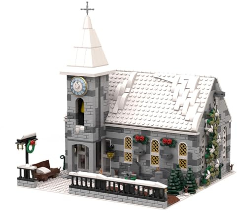 TBRICKFUNR MOC-199733 Architecture Europäische Kirche Klemmbausteine, 1335 Stück Winterliche Haus Straßenszene Modellbausatz, Modular Building Deko & Geschenk für Erwachsene