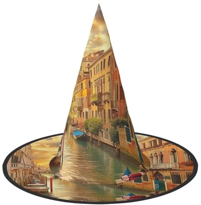 LRHCNZDCP Schöner Venedig Kanalblick gedruckt Halloween Hexenhut für Damen Herren Festliche Partys Cosplay Halloween Zubehör, 1 PC