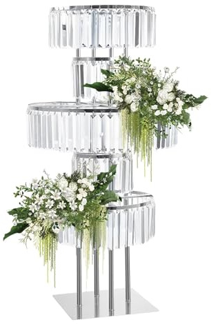 5 Ebenen Kristall Hochzeit Blumensäule Vasen, 110cm Hoch Blumenständer Dekosäule Metallständer Blumenständer für Hochzeit Verlobung Geburtstag Tischdekoration, Silber