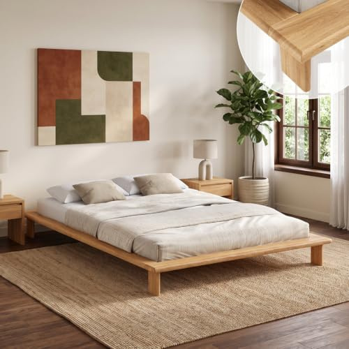 skølm Skald Futonbett 140x200 cm, Eiche massiv, Natur geölt, mit Stauraum | Bettgestell aus Massivholz, lackiert, Bettrahmen 25 cm hoch, stabiles Holzbett, Massivholzbett, Doppelbett Holzrahmen
