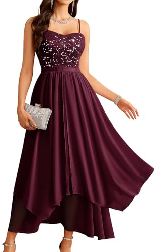 Homrain Elegant für Hochzeit Midi Cocktailkleid Pailletten Abendkleider Spaghettiträger Sommer Damen Kleider für Party