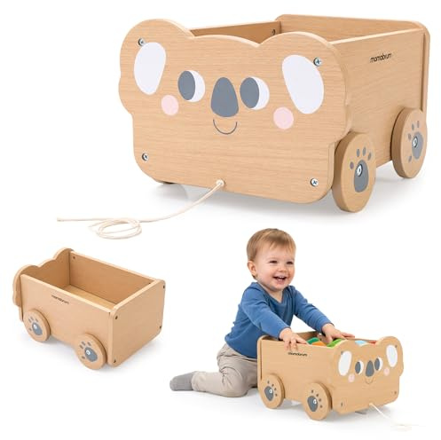 Mamabrum Holz Kinderwagen Koala, Ziehwagen mit Schnur, Spielzeugwagen mit Stauraum 5,54 l, Lauflernspielzeug für Kleinkinder, Aufbewahrungswagen für Spielzeug