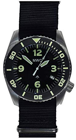 MWC Dephtmaster 1000 m Automatik Stahl Schwarz Saphir Keramik Datum Diver Militär Stoff Herren Uhr, Armband