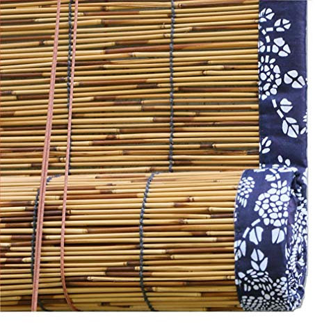 Zlovne Retro Carbonization Natürlich Bambusrollo Reed Vorhang,Blau Säumen Bambus Raffrollo Natur,Sichtschutz Rollos Handgewebt Rollo Bambus,Atmungsaktiv/Sonnenschutz,Anpassbar (70x140cm/28x55in)