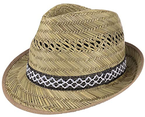 Lipodo Erntehelfer Strohhut (Sonnenschutz) Damen/Herren - Made in Italy - Sonnenhut im Trilby-Look - Hut aus leichtem Stroh - Strandhut mit schicker Garnitur - Frühling/Sommer 55 cm