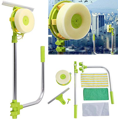 Window Cleaning Tool U Shaped Window Cleaner Brush External Window Washer Cleaning Squeegee with Telescopic Pole, Adjustable Angle, High-rise Window Cleaning Equipment 2 in 1 Shower Wiper